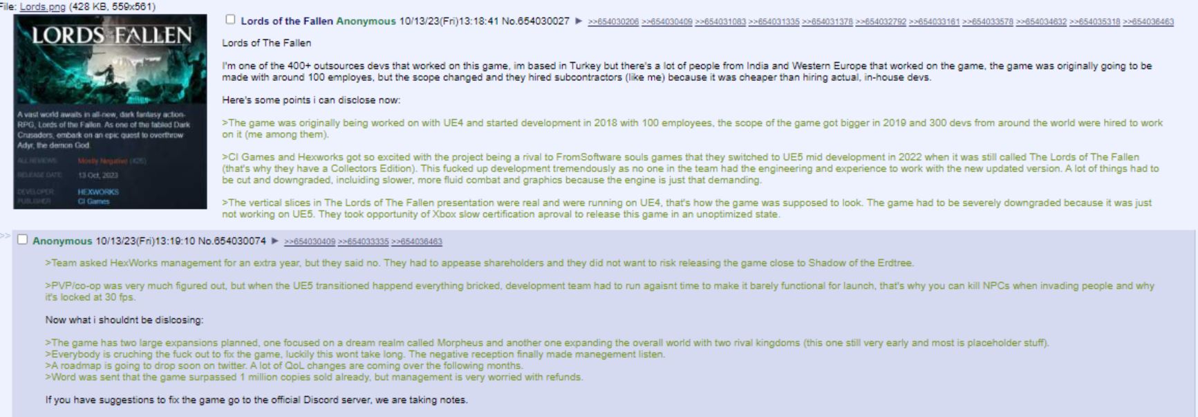 The source of the leaked information is allegedly a third-party developer hired by Hexworks for Lords of the Fallen.