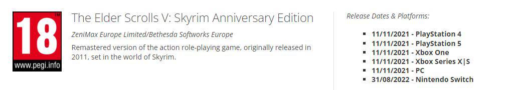 Skyrim Anniversary Edition Has Been Rated By Pegi For Switch