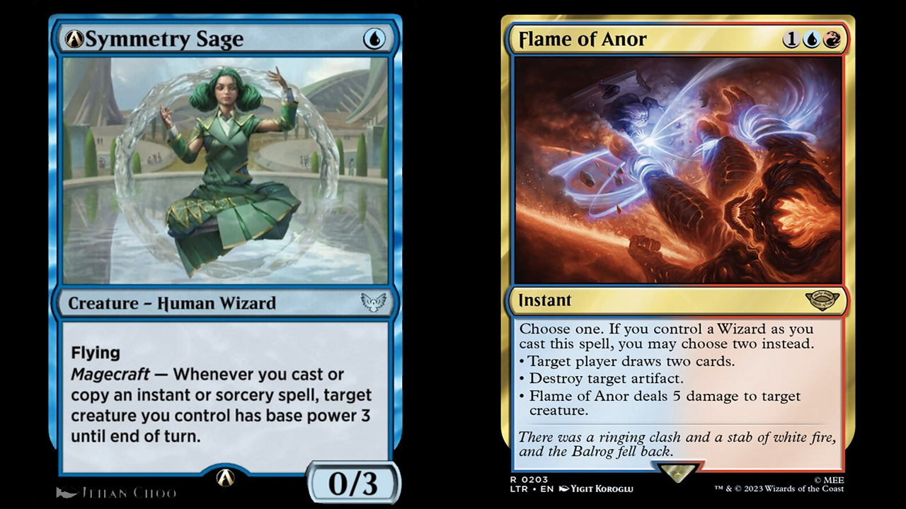 Two of the key cards in Arena Championship 4 winner Shinya Saito's Izzet Wizards deck: The A-Symmetry Sage and The Lord of the Rings: Tales of Middle-Earth's Flame of Anor.