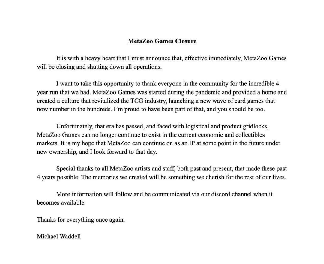 The official announcement statement of MetaZoo's closure.