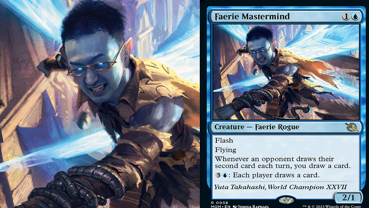 Jean-Emmanuel Depraz nearly won the 2021 Magic Championship, but lost to Yuta Takahashi. But with his Magic Championship XXIX win, Depraz will get his likeness immortalized in an upcoming Magic: The Gathering card. (Pictured is Yuta Takahashi's World Champion card from the March of the Machine set; art by Joshua Raphael)