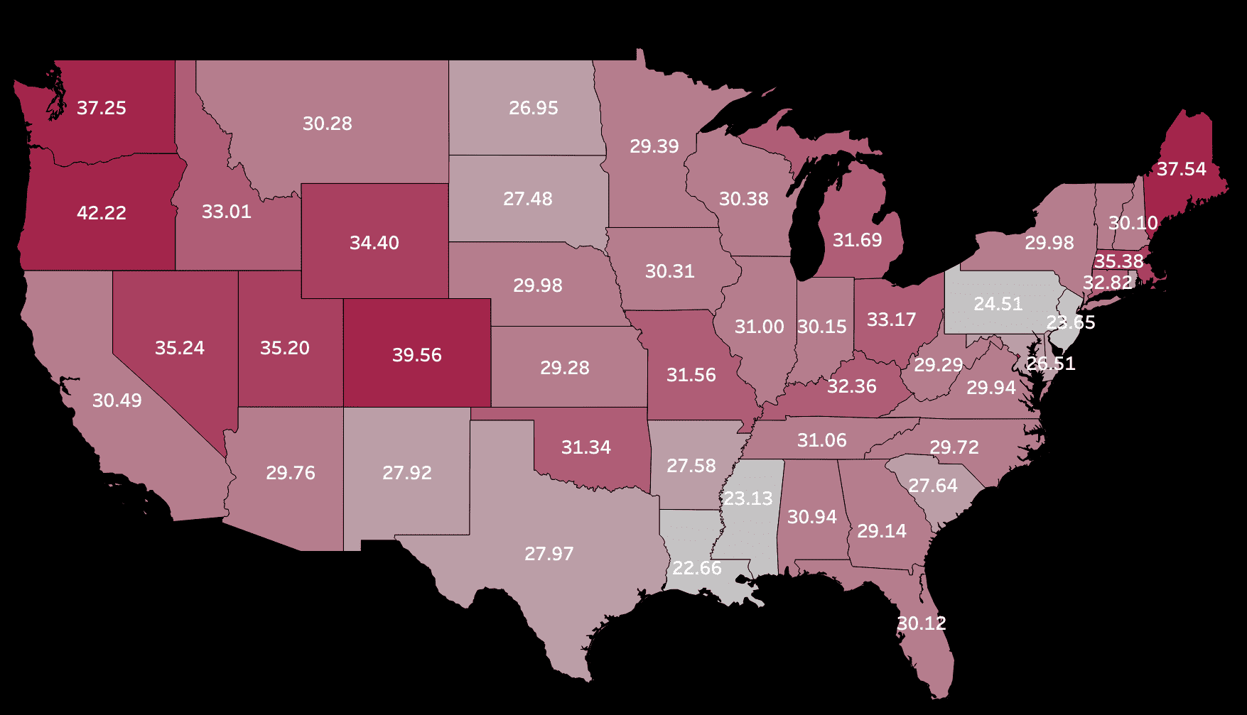 A heat map showing the average number of "cancel Netflix" searches per 100K population of each state. A higher number means people in the state are more likely to cancel Netflix.