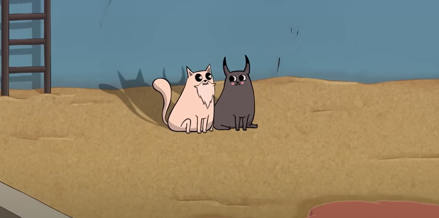 The show features God and Satan as chunky house cats living beside each other.