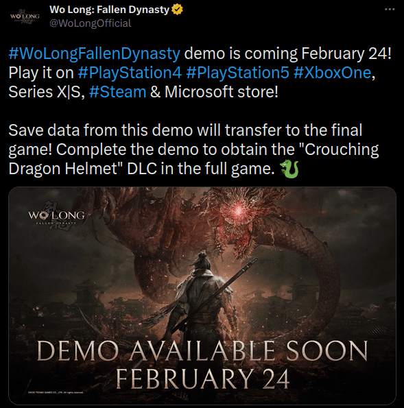 Wo Long: Fallen Dynasty Final Demo Coming This February