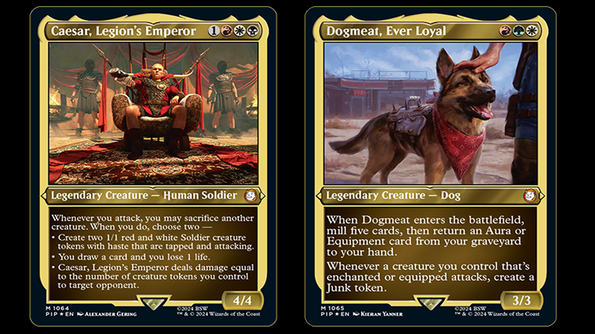 Each of the MTG x Fallout Commander Decks follow a central theme based on the popular video game RPG franchise. For instance, 'Hail, Caesar' focuses on building up creature cards and tokens while 'Scrappy Survivors' centers on scavenging for artifacts and resources.