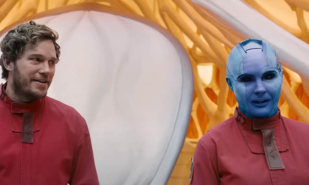 Karen-gillan-mocks-gotg-vol-3-poster-nebula-dad-bod-pose-STAR-LORD