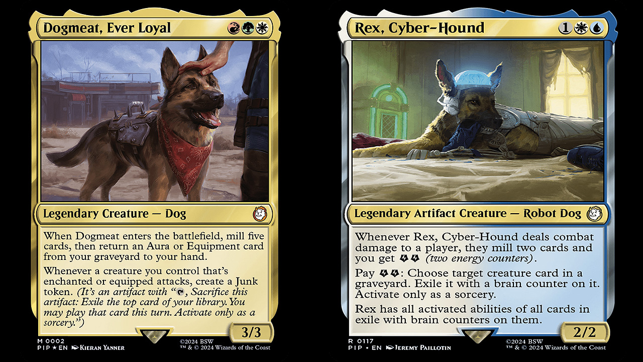 The Magic: The Gathering - Fallout crossover cards will mainly focus on characters, events, and locations from Fallout and Fallout 2. And that, of course, include the good boys, Dogmeat and Rex.