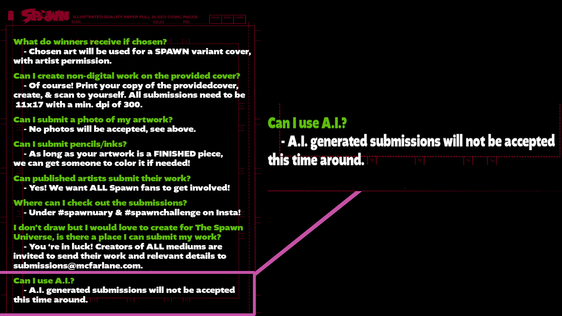 The rules set for the "Spawnuary" art contest hosted by Todd McFarlane and his team specified that A.I. submissions would not be accepted. That an AI-generated image was allegedly one of the winners is the main sticking point for fans who actually worked on their art submissions.