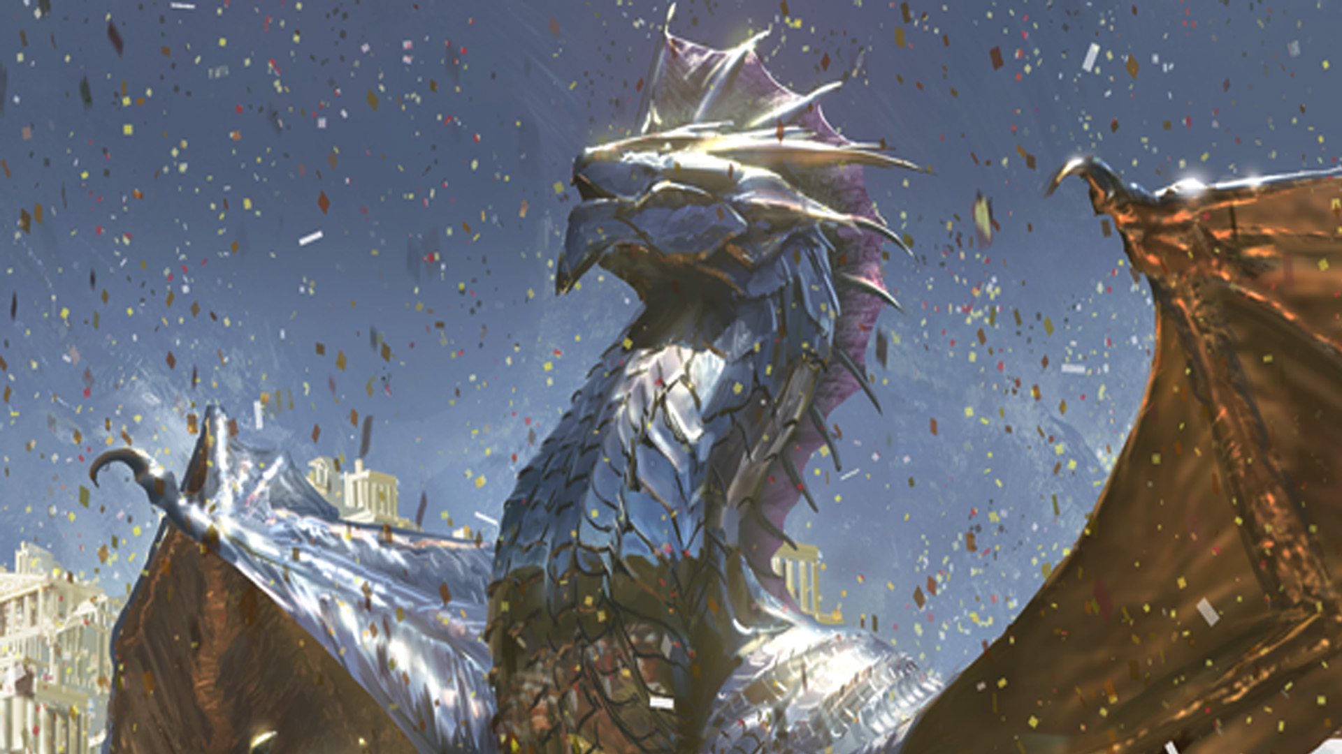 Dungeons & Dragons fans can download a high-definition wallpaper through D&D Beyond. The artwork is by Campbell White, depicting a Chromatic Dragon in the midst of celebrations.