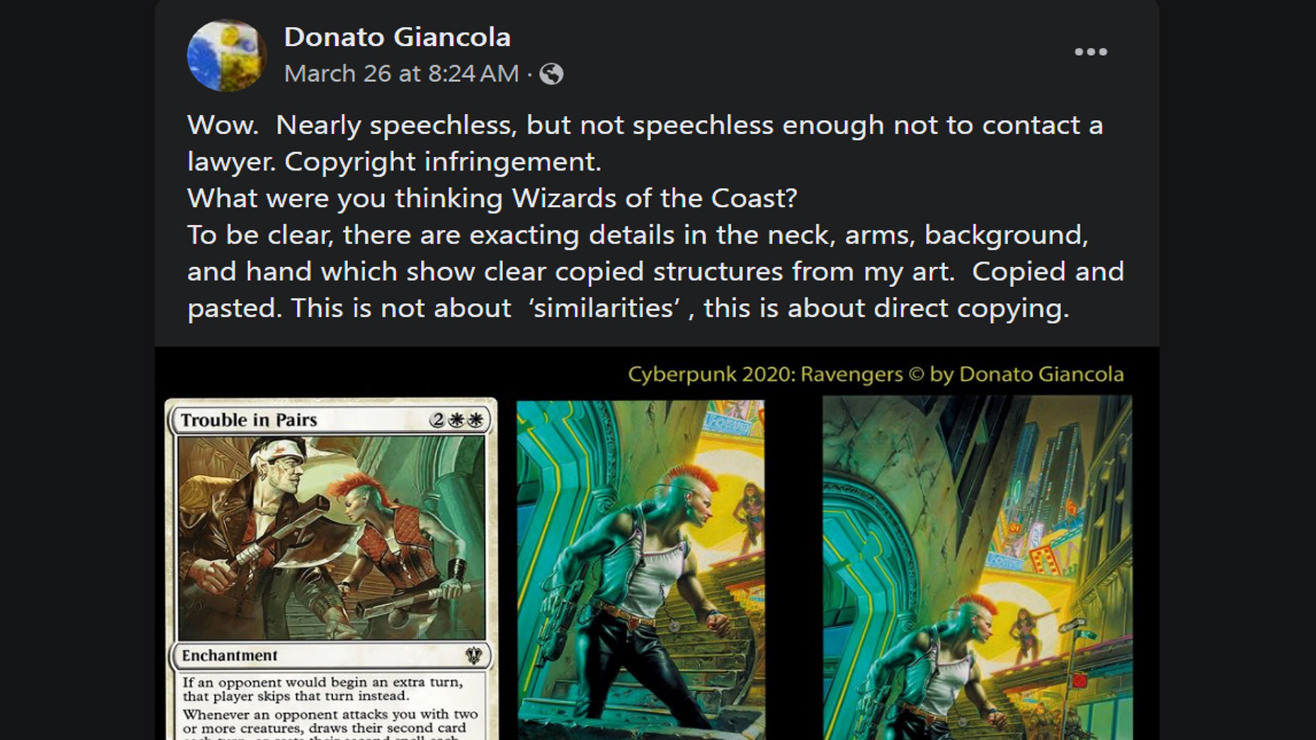 Artist Donato Giancola responded on his Facebook after the alleged plagiarism emerged on Reddit. Giancola pointed out the similarities with his own Cyberpunk 2020 artwork.