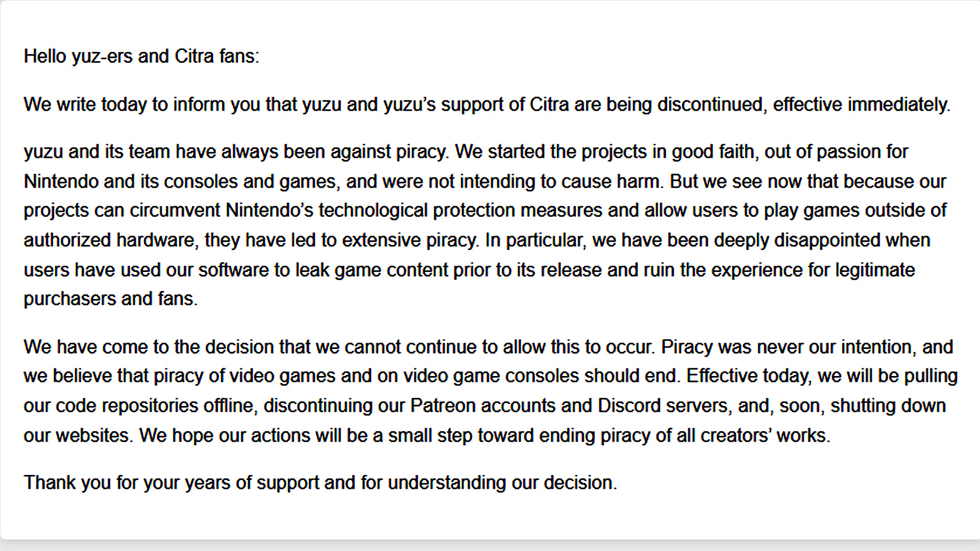 Tropic Haze, the developers of the Yuzu Nintendo Switch emulator, issued a statement in response to the settlement. The team affirmed that they do not support piracy and expressed disappointment that Yuzu had been used to leak recent titles and software.