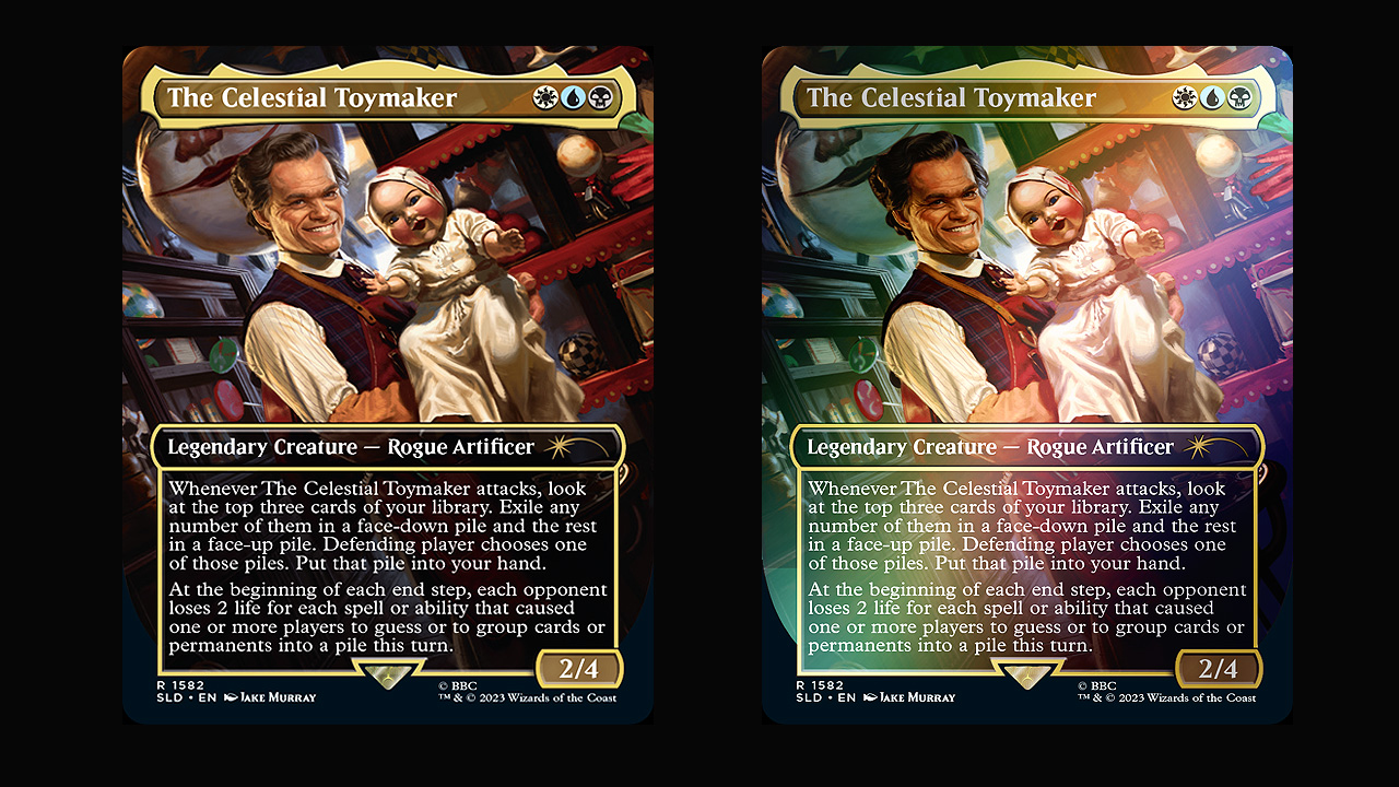 The Doctor Who: Regeneration Secret Lair Drop is available in non-foil and foil variants. But Neil Patrick Harris looks a little more wrinkly as The Celestial Toymaker on the card art, though.