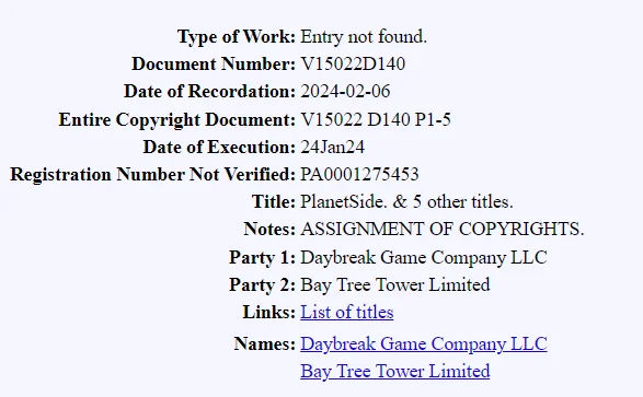 Database filing that shows the company that acquired the PlanetSide IP.
