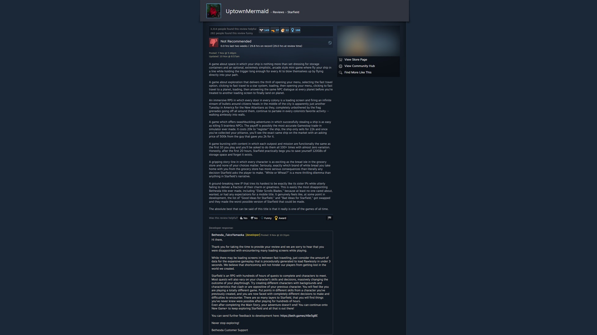 Replying to Steam reviews is one thing but trying to convince users that a game is good is beneath a studio like Bethesda.