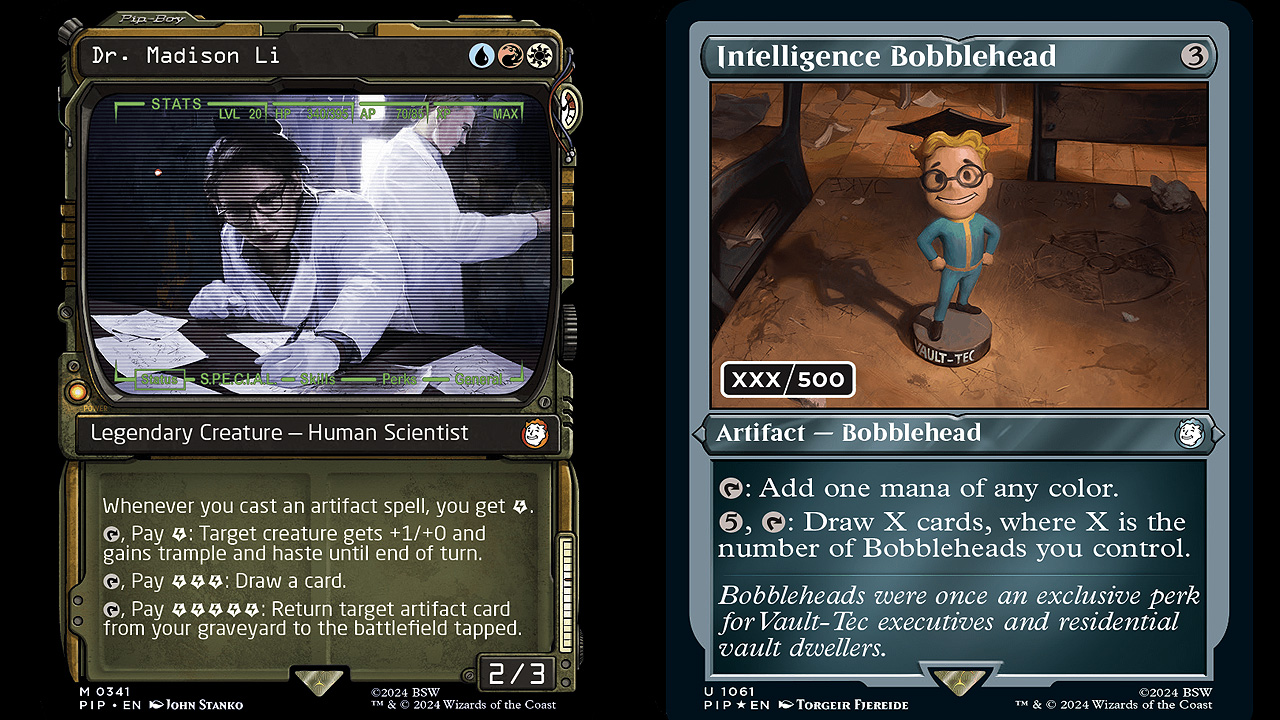 MTG x Fallout Universes Beyond will be available as Commander Decks and in Collector Boosters. The Collector Boosters will have limited edition variants, nonfoil, foil, and surge foil versions. Plus, there are Fallout-themed MTG reprints and serialized subsets of Fallout Bobbleheads.
