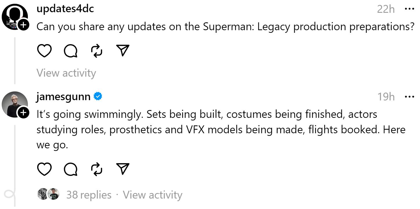 James Gunn reveals that work on Superman: Legacy is going "swimmingly."